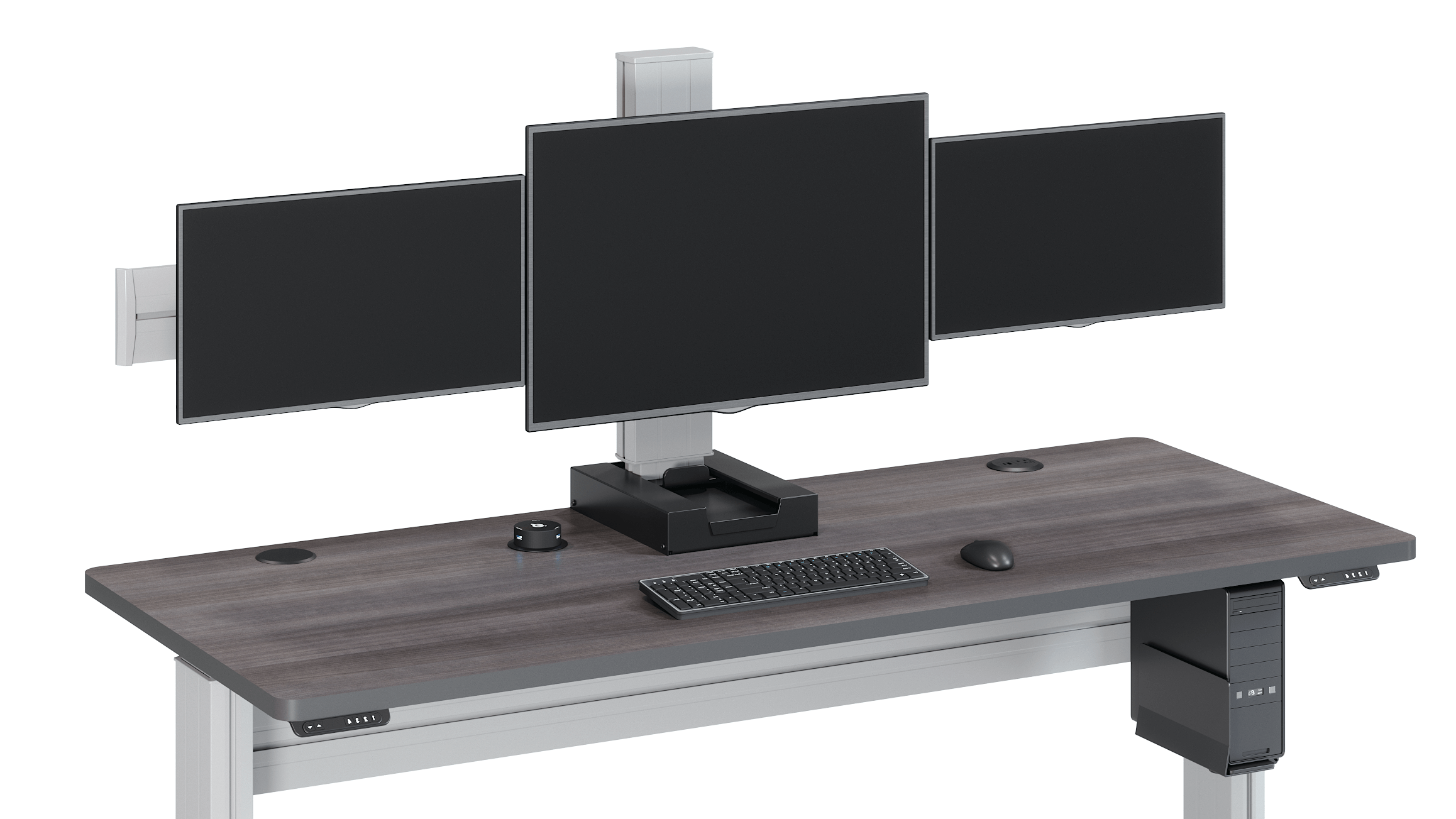 Hover E Glide Electric Monitor Arm Lift adjusts forward, back, up, and down