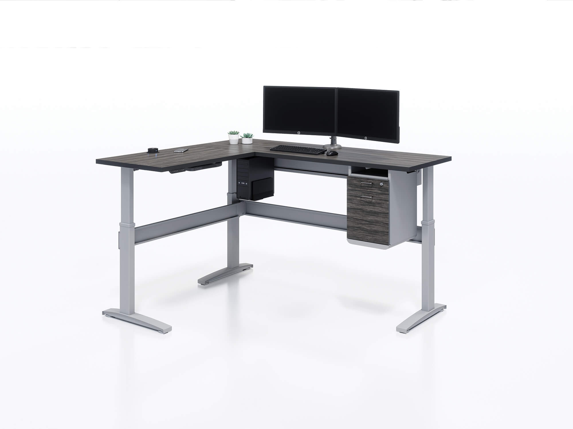 Bonita ET L Shape Desk featuring Joey 2.0 Pedestal, Pop-Up USB Power, CPU Holder, and Cable Closet