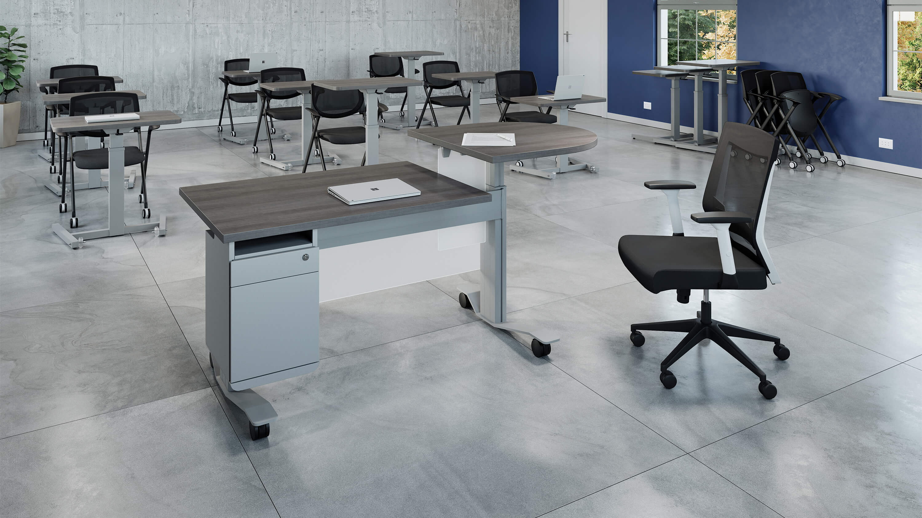 Hooligan teacher's desk rectangle split worksurface featuring right adjustable gas lift podium