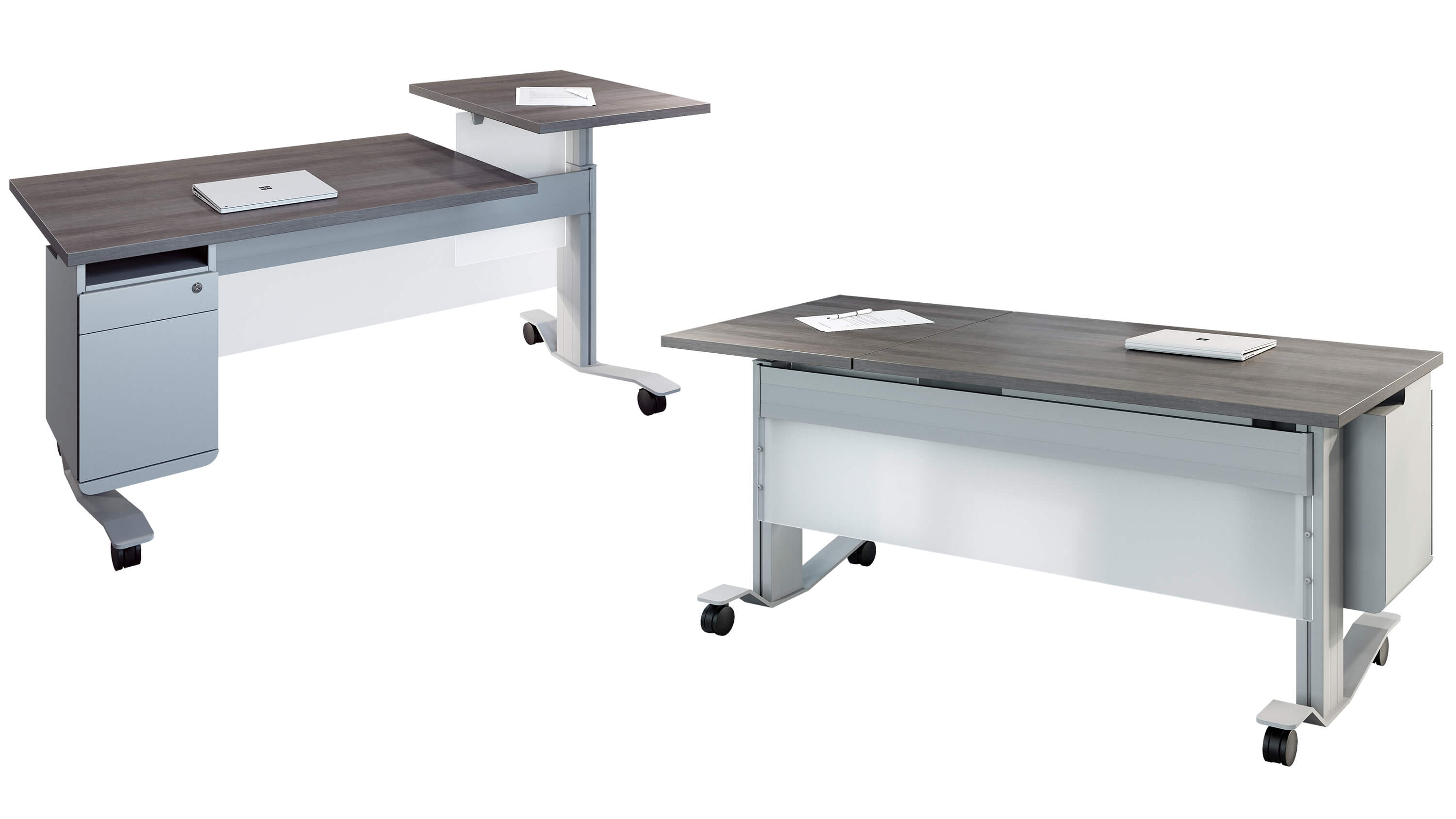 Hooligan teacher's desk rectangle split worksurface featuring right adjustable gas lift podium