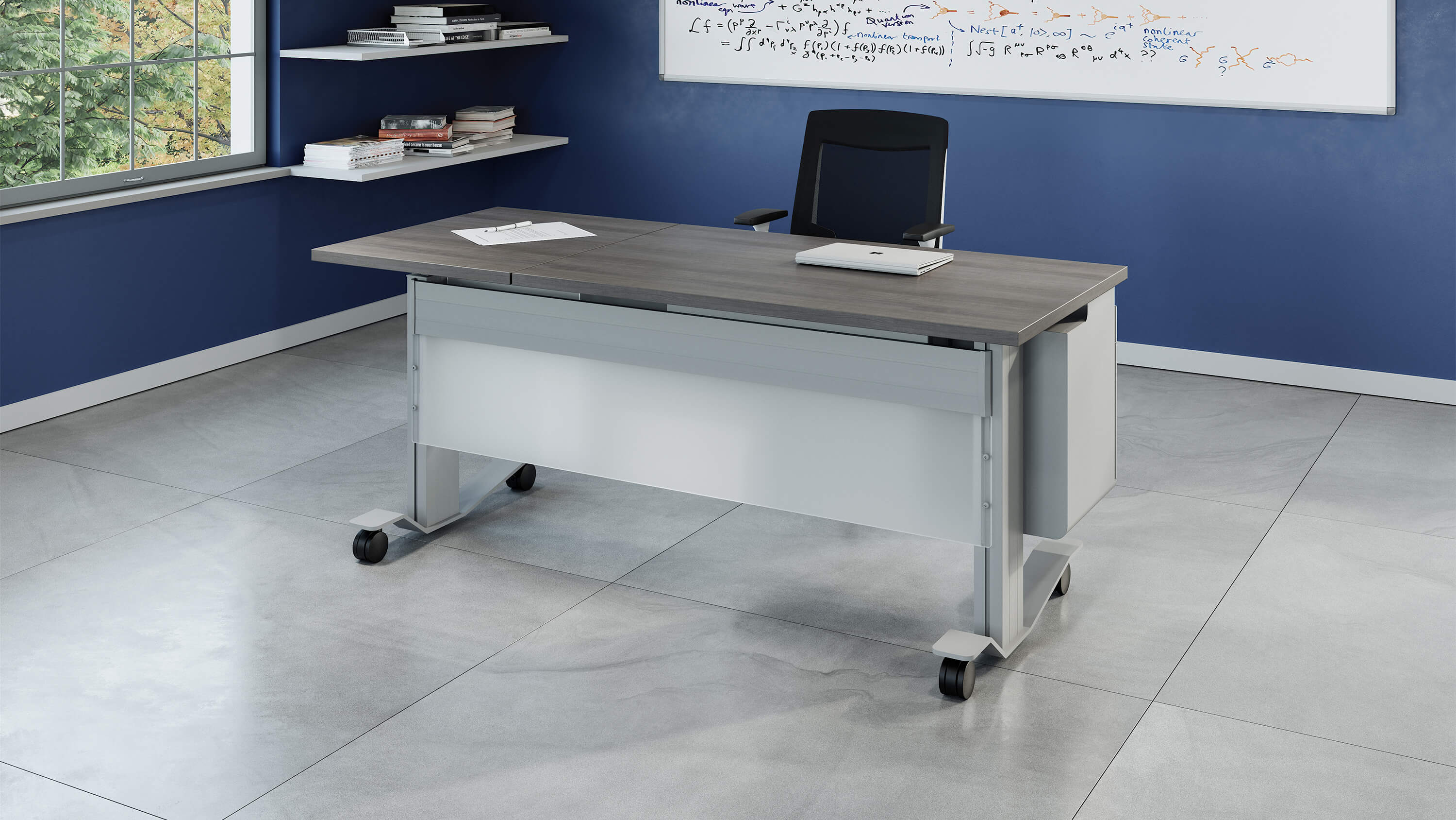 Hooligan teacher's desk rectangle split worksurface featuring right adjustable gas lift podium