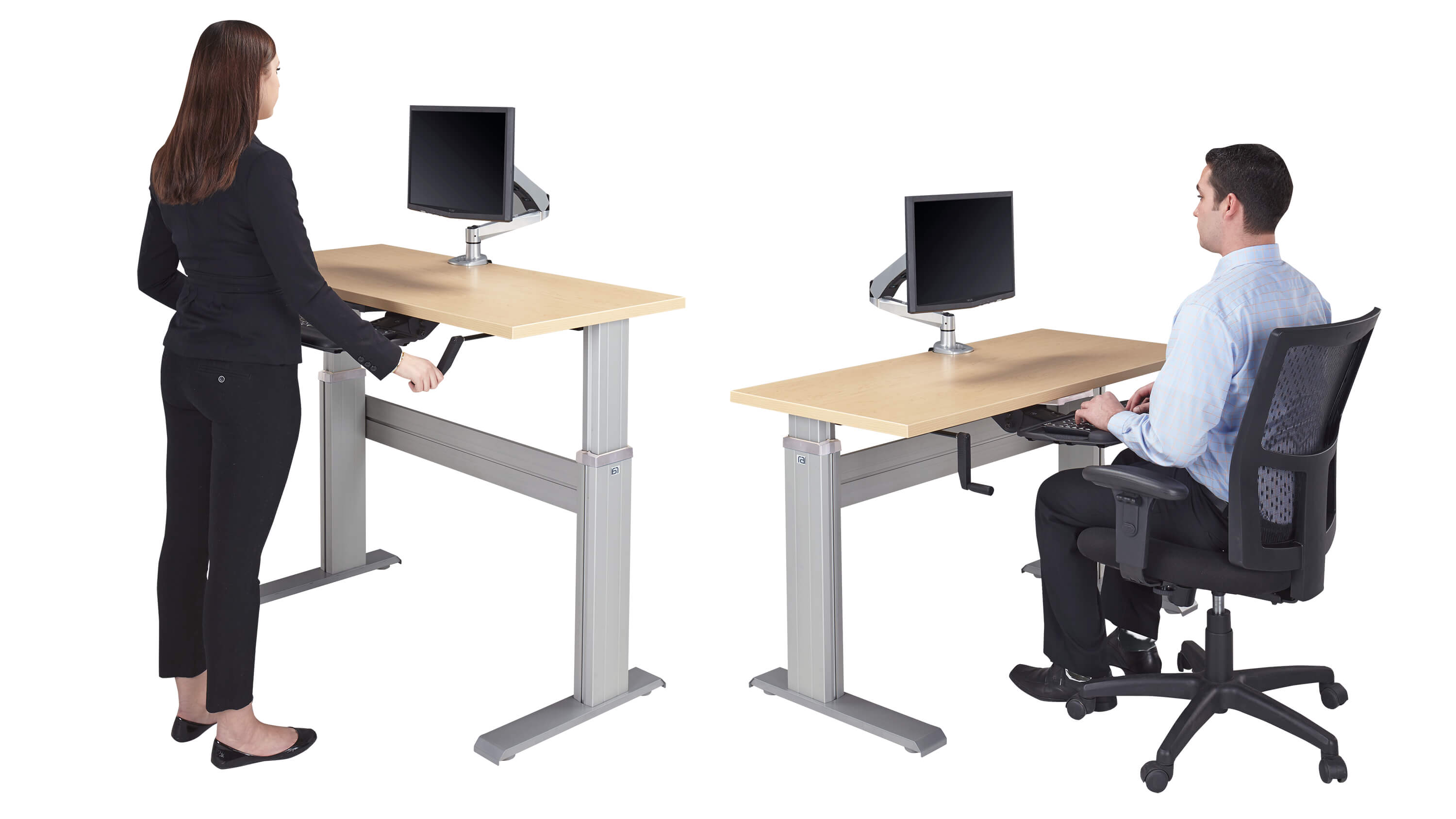 Workers standing and sitting at Levante counterbalance desk 