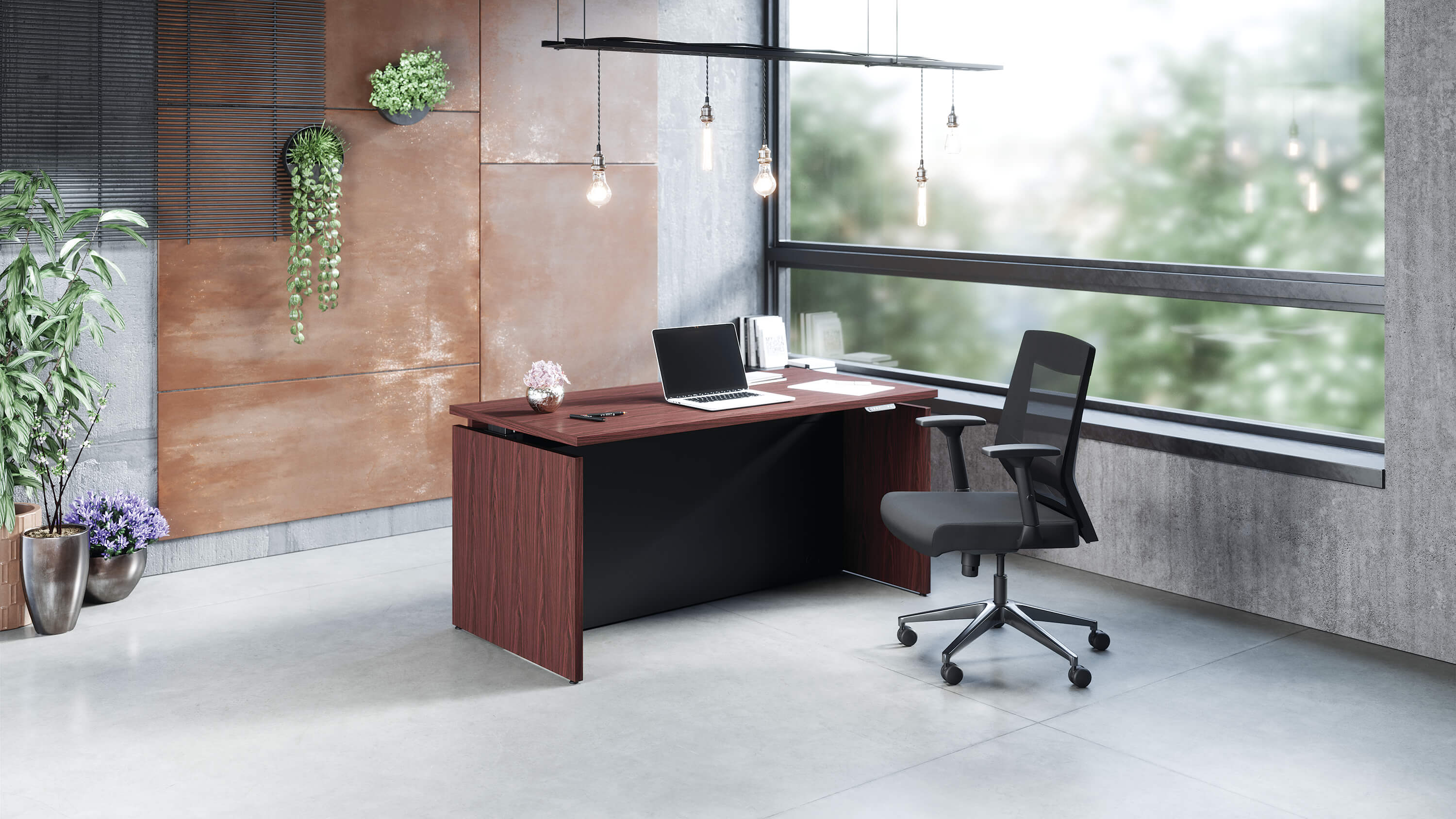 Presidente Executive rectangle electric sit stand desk in seated position in modern private office