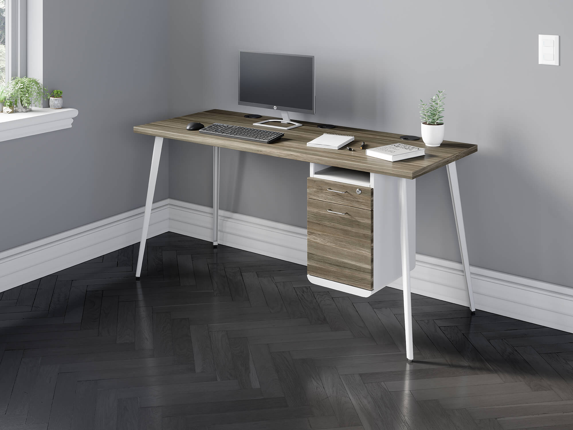 Joey 2.0 desk mounted laminate front pedestal installed on sit-stand desk