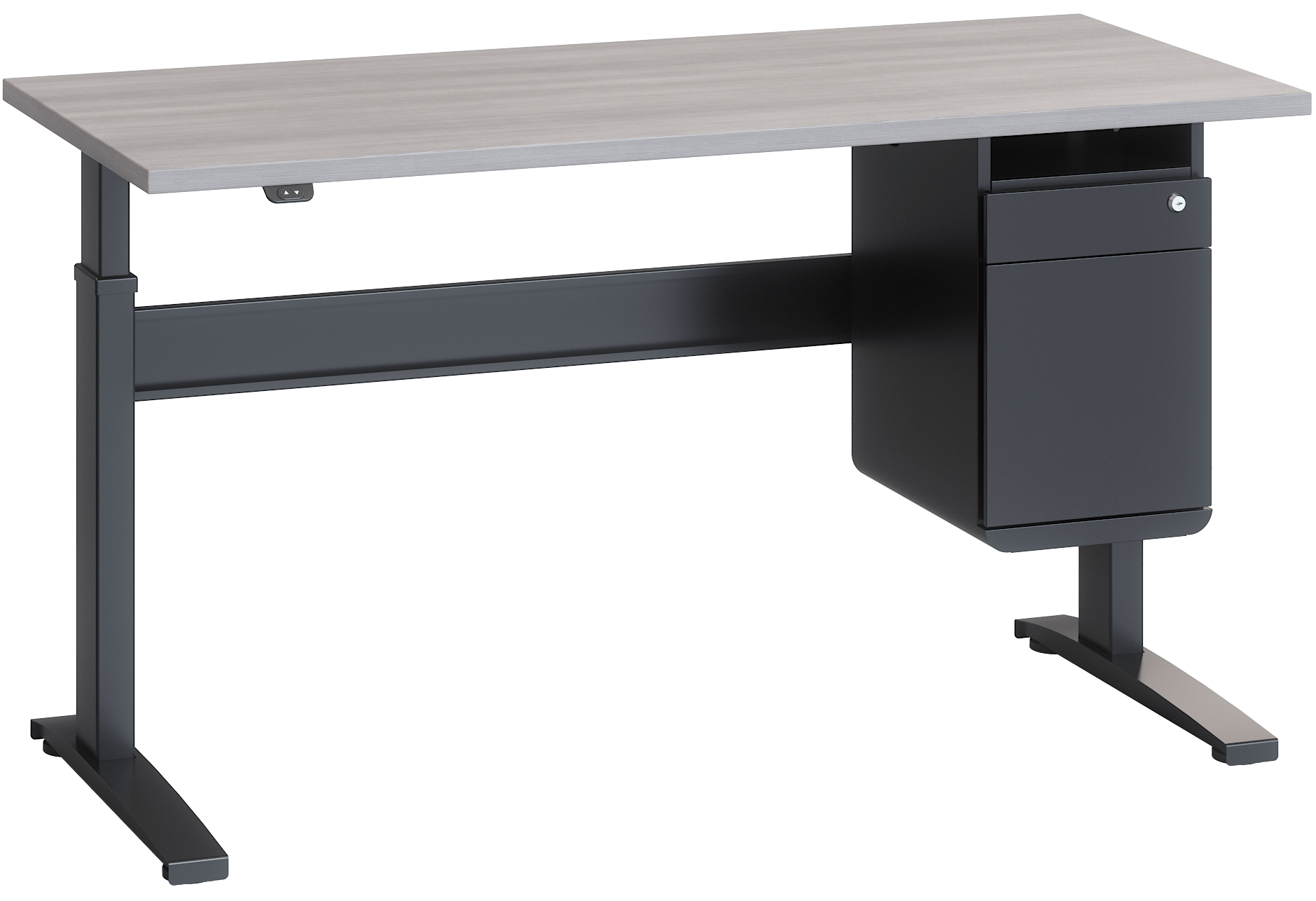 Joey 2.0 desk mounted laminate front pedestal installed on Bonita ET sit-stand desk