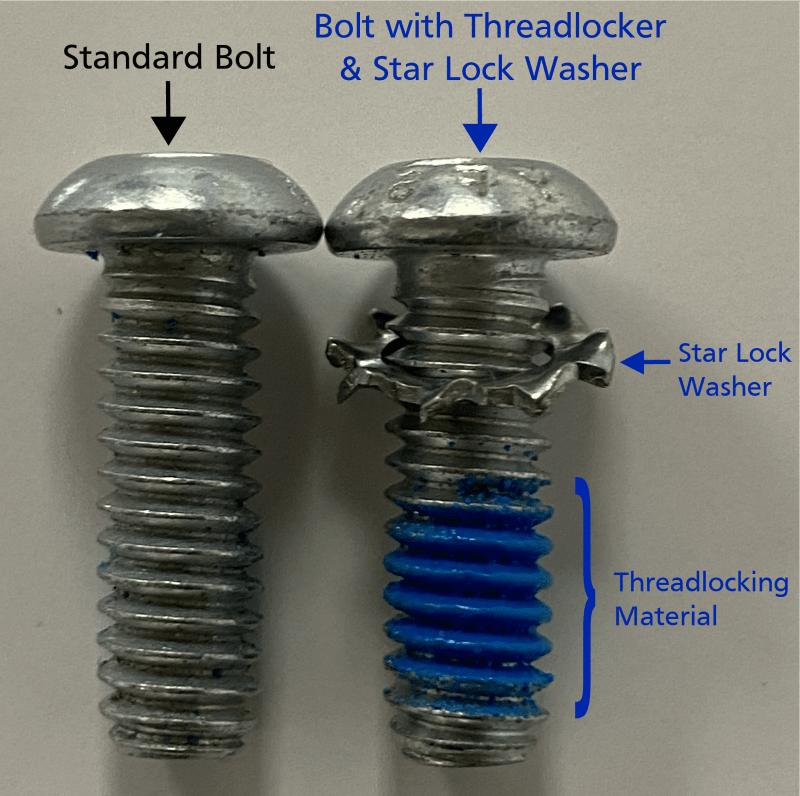 Standard bolt vs. bolt that has both threadlocker and a star lock washer.