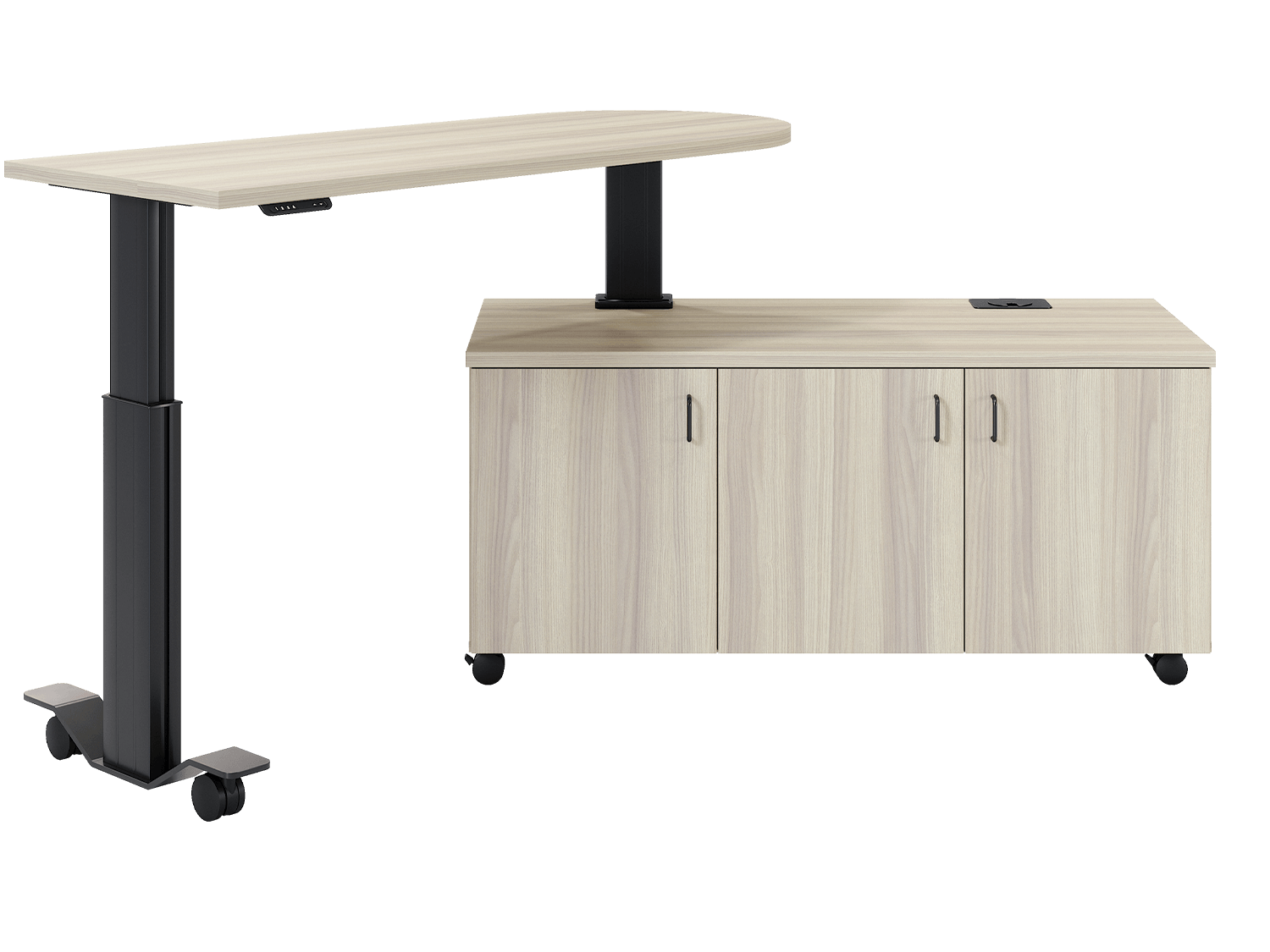 Left handed Samara rotating electric height adjustable workstation from RightAngle shown in 145 degree angle standing position.