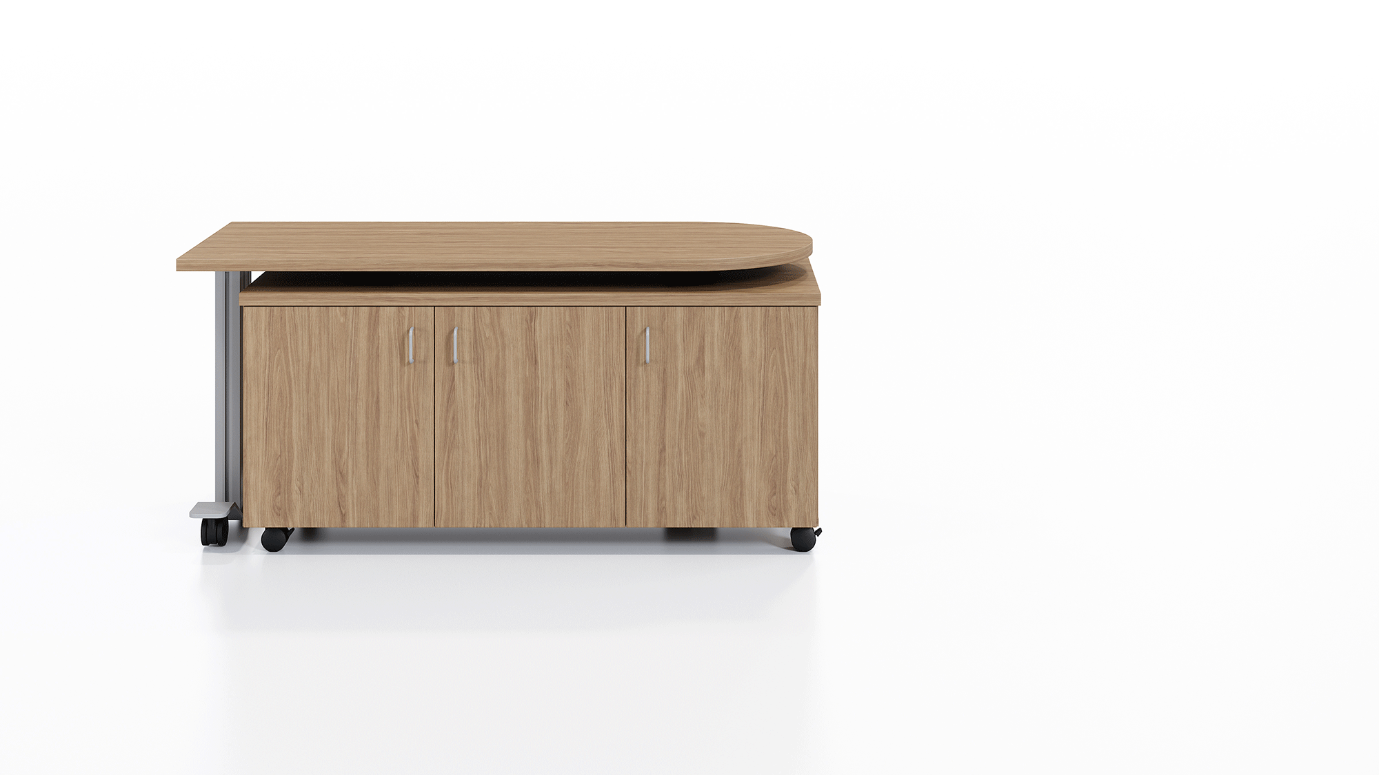 Right handed Samara rotating electric height adjustable workstation from RightAngle shown in 145 degree angle standing position.