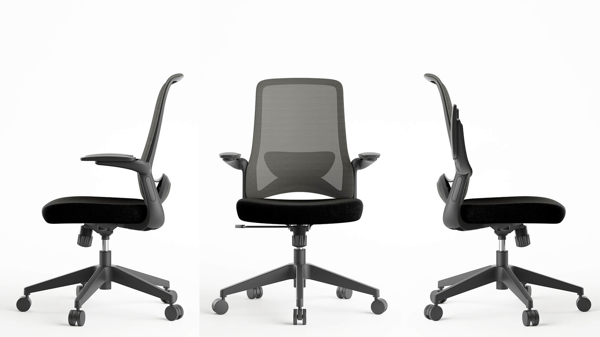 Charlie 2.0 Chair shown in three positions, side arms down, side arms up, and front